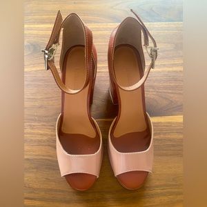 Two tone pink and brown Rachel Comey patent leather chunky ankle strap heels
